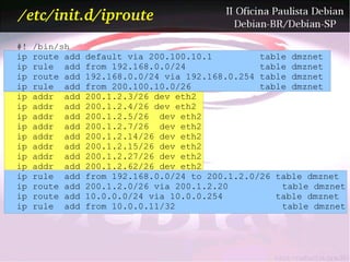 /etc/init.d/iproute
#!   /bin/sh
ip   route add   default via 200.100.10.1         table dmznet
ip   rule add    from 192.168.0.0/24              table dmznet
ip   route add   192.168.0.0/24 via 192.168.0.254 table dmznet
ip   rule add    from 200.100.10.0/26             table dmznet
ip   addr add    200.1.2.3/26 dev eth2
ip   addr add    200.1.2.4/26 dev eth2
ip   addr add    200.1.2.5/26 dev eth2
ip   addr add    200.1.2.7/26 dev eth2
ip   addr add    200.1.2.14/26 dev eth2
ip   addr add    200.1.2.15/26 dev eth2
ip   addr add    200.1.2.27/26 dev eth2
ip   addr add    200.1.2.62/26 dev eth2
ip   rule add    from 192.168.0.0/24 to 200.1.2.0/26 table dmznet
ip   route add   200.1.2.0/26 via 200.1.2.20          table dmznet
ip   route add   10.0.0.0/24 via 10.0.0.254          table dmznet
ip   rule add    from 10.0.0.11/32                    table dmznet
 