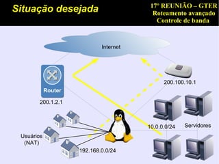 17º REUNIÃO – GTER
Situação desejada                         Roteamento avançado
                                           Controle de banda


                             Internet




                                              200.100.10.1
            Router

        200.1.2.1



                                        10.0.0.0/24   Servidores
 Usuários
  (NAT)
                     192.168.0.0/24
 