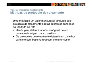 Tipos de protocolos de roteamento
19
Presentation_ID © 2014 Cisco Systems, Inc. Todos os direitos reservados. Cisco Confidencial
Métricas de protocolo de roteamento
Uma métrica é um valor mensurável atribuído pelo
protocolo de roteamento a rotas diferentes com base
na utilidade da rota
▪ Usada para determinar o “custo” geral de um
caminho da origem para o destino
▪ Os protocolos de roteamento determinam o melhor
caminho com base na rota com o menor custo
 