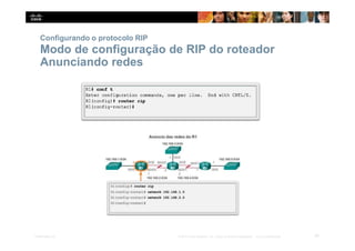 Configurando o protocolo RIP
Modo de configuração de RIP do roteador
Anunciando redes
26
Presentation_ID © 2014 Cisco Systems, Inc. Todos os direitos reservados. Cisco Confidencial
 