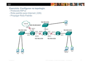 Exercício: Configurar na topologia:
- Protocolo RIPv2
- Rota padrão para Internet (.226)
- Propagar Rota Padrão
31
Presentation_ID © 2014 Cisco Systems, Inc. Todos os direitos reservados. Cisco Confidencial
 
