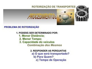 ROTEIRIZAÇÃO DE TRANSPORTES




PROBLEMA DE ROTEIRIZAÇÃO

        1. PODERÁ SER DETERMINADO POR:
          1. Menor Distância;
          2. Menor Tempo;
          3. Capacidade do veículos
                Combinação dos Mesmos
                  2. RESPONDER AS PERGUNTAS
                   a) O que será transportado?
                    b) Para Quem?
                      c) Tempo de Operação
 
