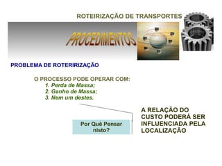 ROTEIRIZAÇÃO DE TRANSPORTES




PROBLEMA DE ROTERIRIZAÇÃO

      O PROCESSO PODE OPERAR COM:
         1. Perda de Massa;
         2. Ganho de Massa;
         3. Nem um destes.

                                    A RELAÇÃO DO
                                    CUSTO PODERÁ SER
                   Por Quê Pensar   INFLUENCIADA PELA
                       nisto?       LOCALIZAÇÃO
 