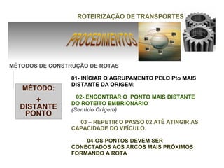 ROTEIRIZAÇÃO DE TRANSPORTES




MÉTODOS DE CONSTRUÇÃO DE ROTAS

                 01- INÍCIAR O AGRUPAMENTO PELO Pto MAIS
                 DISTANTE DA ORIGEM;
   MÉTODO:
                   02- ENCONTRAR O PONTO MAIS DISTANTE
      +          DO ROTEITO EMBRIONÁRIO
  DISTANTE       (Sentido Origem)
   PONTO
                   03 – REPETIR O PASSO 02 ATÉ ATINGIR AS
                 CAPACIDADE DO VEÍCULO.

                     04-OS PONTOS DEVEM SER
                 CONECTADOS AOS ARCOS MAIS PRÓXIMOS
                 FORMANDO A ROTA
 