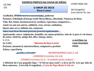 EXEMPLO PRÁTICO DA CHUVA DE IDÉIAS:
O AMOR DE DEUS
Deus é amor
Acolhedor, (Paixão morte e ressurreição), poderoso
Paciente, Felicidade (Entrega total) Maravilhoso,, liberdade, Natureza de Deus,
Vida, fiel, Santo, incomensurável, caridoso, esperança, compassivo…
Amai-vos uns aos outros, solidário, cruz, eterno, cuidadoso,
Quem ama serve, infinito, luz, ciumento
tudo., com Deus faremos proezas, protetor, apaixonado….
Apaixonado, suave, onipotente, humilde, me amou primeiro, saiu de si para ir em busca
do outro, mistério, amigo fiel, alfa e ômega, único,
Is 43,4,
Jo 3,16b) Natureza de Deus é amor
Paciente, incansável, misericordioso, compassivo, perfeito
Zeloso, experiência
Auxilio e salvação INCOMENSURÁVEL (João 3, 16)
- CARIDOSO (I Coríntios 13, 4-6)
- ETERNO (I Coríntios 13, 8 : "A caridade jamais acabará.";
A História da Casa pegando fogo, “ O Sol no meu rosto”, o livro do Pe. Léo que fala do
Deus amoroso... Livro Ide Evangelizai....Carta do Papa Bento Carit est.
LIVROS PARA LER:
Ide Evangelizai
Cura interior Pe. Leo
CIC PAR
155
A HISTÓRIA DA
CASA PEGANDO
FOGO.
 