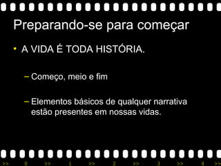 Preparando-se para começar A VIDA É TODA HISTÓRIA. Começo, meio e fim Elementos básicos de qualquer narrativa estão presentes em nossas vidas. 