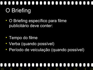 O Briefing O Briefing específico para filme publicitário deve conter: Tempo do filme Verba (quando possível) Período de veiculação (quando possível) 