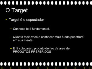 O Target Target é o espectador Conhece-lo é fundamental. Quanto mais você o conhecer mais fundo penetrará em sua mente. E lá colocará o produto dentro da área de PRODUTOS PREFERIDOS 
