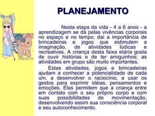     Nesta etapa da vida - 4 a 6 anos - a aprendizagem se dá pelas vivências corporais no espaço e no tempo; daí a importância de brincadeiras e jogos que estimulem a imaginação, de atividades lúdicas e recreativas. A criança desta faixa etária gosta de ouvir histórias e de ter amiguinhos; as atividades em grupo são muito importantes. Estas atividades, jogos e brincadeiras ajudam a conhecer a potencialidade de cada um, a desenvolver o raciocínio, a usar os gestos para exprimir idéias, pensamentos e emoções. Elas permitem que a criança entre em contato com o seu próprio corpo e com suas possibilidades de movimentação, desenvolvendo assim sua consciência corporal e seu autoconhecimento. PLANEJAMENTO 