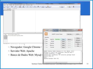 Instituto Federal de Santa Catarina - Curso de Desenvolvedor Web 13
E para desenvolver páginas?
● É necessário:
– Um editor de código
– Um navegador
– Um servidor Web
– Um banco de Dados Web
● Quais ferramentas posso utilizar?
– Editor: Geany
– Navegador: Google Chrome / Firefox
– Servidor Web: Apache
– Banco de Dados Web: Mysql / Postgres
 