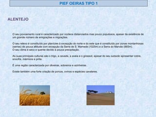 PIEF OEIRAS TIPO 1 ALENTEJO O seu povoamento rural é caracterizado por núcleos distanciados mas pouco populosos, apesar da existência de um grande número de emigrações e migrações. O seu relevo é constituído por planícies à excepção do norte e do este que é constituído por zonas montanhosas (serras) de pouca altitude com excepção da Serra de S. Mamede (1025m) e a Serra do Marvão (865m). O seu clima é seco e quente devido à pouca precipitação. As suas principais culturas são o trigo, a cevada, a aveia e o girassol, apesar do seu subsolo apresentar cobre, enxofre, mármore e pirite. É uma região caracterizada por oliveiras, sobreiros e azinheiras. Existe também uma forte criação de porcos, ovinos e espécies cavalares. 