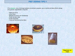 É na  doçaria , rica e de longa tradição conventual e popular, que a cozinha do Baixo Minho atinge uma grande originalidade e requinte: - Aletria de Ovos - Arroz Doce - Mexidos de Ovos com Amêndoas - Pudim de são João - Pudim Surpresa - Torta de Cenoura da Avó Mimi PIEF OEIRAS TIPO 1 Regressar ao mapa 