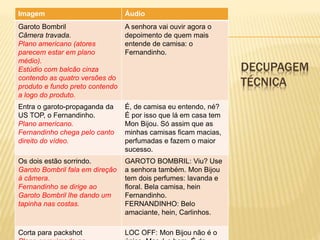 DECUPAGEM
TÉCNICA
Imagem Áudio
Garoto Bombril
Câmera travada.
Plano americano (atores
parecem estar em plano
médio).
Estúdio com balcão cinza
contendo as quatro versões do
produto e fundo preto contendo
a logo do produto.
A senhora vai ouvir agora o
depoimento de quem mais
entende de camisa: o
Fernandinho.
Entra o garoto-propaganda da
US TOP, o Fernandinho.
Plano americano.
Fernandinho chega pelo canto
direito do vídeo.
É, de camisa eu entendo, né?
É por isso que lá em casa tem
Mon Bijou. Só assim que as
minhas camisas ficam macias,
perfumadas e fazem o maior
sucesso.
Os dois estão sorrindo.
Garoto Bombril fala em direção
à câmera.
Fernandinho se dirige ao
Garoto Bombril lhe dando um
tapinha nas costas.
GAROTO BOMBRIL: Viu? Use
a senhora também. Mon Bijou
tem dois perfumes: lavanda e
floral. Bela camisa, hein
Fernandinho.
FERNANDINHO: Belo
amaciante, hein, Carlinhos.
Corta para packshot LOC OFF: Mon Bijou não é o
 