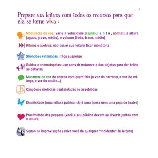 17

Prepare sua leitura com todos os recursos para que
ela se torne viva :
    Modulação da voz: varie a velocidade (rápido, l e n t o , normal), a altura
    (agudo, grave, médio), o volume (forte, fraco, médio)

    Ritmos e quebras: não deixe sua leitura ficar monótona

    Silêncios e retomadas : faça suspense


   Ruídos e onomatopeias: use sons da natureza e dos objetos para dar brilho
    às palavras

    Mudanças de voz de acordo com quem fala (a voz do narrador, a voz de cri-
    ança, a voz do adulto…)


c   Canções e melodias cantaroladas ou assobiadas


    Simplicidade (uma leitura pública não é uma ópera nem uma peça de teatro)


    Proximidade das pessoas (você e seu público devem se divertir juntos com
    a leitura)


    Senso de improvisação (salva você de qualquer “incidente” de leitura)
 