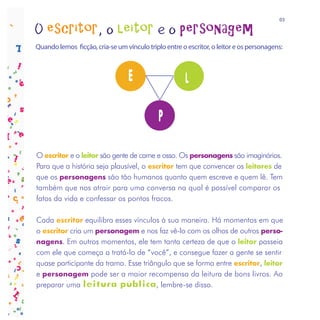 03

O escritor, o leitor e o personagem
Quando lemos ficção, cria-se um vínculo triplo entre o escritor, o leitor e os personagens:



                                  E                    L

                                             P

O escritor e o leitor são gente de carne e osso. Os personagens são imaginários.
Para que a história seja plausível, o escritor tem que convencer os leitores de
que os personagens são tão humanos quanto quem escreve e quem lê. Tem
também que nos atrair para uma conversa na qual é possível comparar os
fatos da vida e confessar os pontos fracos.

Cada escritor equilibra esses vínculos à sua maneira. Há momentos em que
o escritor cria um personagem e nos faz vê-lo com os olhos de outros perso-
nagens. Em outros momentos, ele tem tanta certeza de que o leitor passeia
com ele que começa a tratá-lo de “você”, e consegue fazer a gente se sentir
quase participante da trama. Esse triângulo que se forma entre escritor, leitor
e personagem pode ser a maior recompensa da leitura de bons livros. Ao
preparar uma leitura pública, lembre-se disso.
 