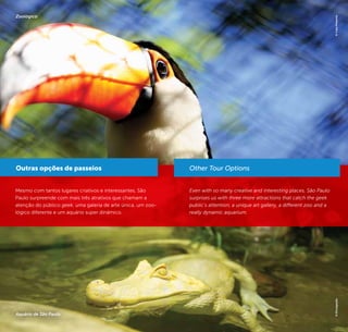 42 43
Mesmo com tantos lugares criativos e interessantes, São
Paulo surpreende com mais três atrativos que chamam a
atenção do público geek, uma galeria de arte única, um zoo-
lógico diferente e um aquário super dinâmico.
Outras opções de passeios
Zoológico
Aquário de São Paulo
Even with so many creative and interesting places, São Paulo
surprises us with three more attractions that catch the geek
public’s attention, a unique art gallery, a different zoo and a
really dynamic aquarium.
©CaioPimenta©Divulgação
Other Tour Options
 