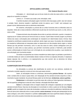 ARTICULAÇÕES (=JUNTURAS)
Prof. Amâncio Ramalho Júnior
Articulação, s.f. - denominação que se dá aos modos de união dos ossos entre si; união entre
peças de um aparelho ou máquina.
Juntura, s.f. - O mesmo que junção; junta; articulação; união.
O sentido da palavra articulação sugere movimento entre duas peças, porém, isso nem sempre
é verdade. Assim, devemos ressaltar o significado correto da palavra, que é "união", sem pressupor que
possam ocorrer deslocamentos entre os elementos relacionados.
Em anatomia, articulações ou junturas são as uniões funcionais entre os diferentes ossos do
esqueleto. Vários são os tipos existentes e diferenciam-se pelo tipo de movimento que ocorre, ou não, entre os
ossos unidos.
O desenvolvimento das articulações dá-se ainda no período embrionário, quando o mesoderma
organiza-se em núcleos contínuos em forma de eixos ou colunas. A partir desse momento surgem os primeiros
indícios dos ossos e articulações pela condensação do mesoderma em determinados locais e formas. Esse
mesoderma condrificará e posteriormente se ossificará, dando origem aos ossos. As porções não condensadas
de mesoderma indiferenciado ali interpostas podem se desenvolver em três direções dando origem a: tecidos
fibrosos que não permitem movimentos, como no caso dos ossos do crânio; tecidos cartilagíneos como por
exemplo na união entre os ossos púbicos, que permitem movimentos parciais e finalmente, pode também
ocorrer a diferenciação em tecido frouxo com a formação de uma cavidade entre as partes, o que resultará em
uma articulação com movimentos amplos.
Os tecidos circunjacentes aos núcleos mesodérmicos darão origem ao periósteo e pericôndrio e
a extensão destes por sobre as extremidades desses núcleos irá formar as cápsulas articulares. A espessura
dessas cápsulas não é uniforme, e os espessamentos que nela ocorrem são os elementos de reforço
denominadas ligamentos.
CLASSIFICAÇÃO DAS ARTICULAÇÕES
As articulações ou junturas são classificadas de acordo com sua estrutura, amplitude de
movimento e também segundo os eixos em torno dos quais esses ocorrem.
Assim, as articulações imóveis ou sinartroses, denominadas junturas fibrosas são aquelas
onde o contato entre os ossos é quase direto, com interposição de fina camada de tecido conjuntivo e onde o
movimento é quase inexistente. As junturas fibrosas podem ser de três tipos: sindesmose, sutura e gonfose.
Sindesmose é a articulação na qual dois ossos são unidos por fortes ligamentos interósseos e
não há superfície cartilaginosa na área de união. Exemplo: articulação tíbio-fibular distal.
Sutura é a articulação onde as margens ósseas são contíguas e separadas por uma delgada
camada de tecido fibroso. Esse tipo de articulação só é encontrado no crânio e pode ser de três tipos: Sutura
serrátil, quando as margens dos ossos são encaixadas e unidas por uma série de saliências e reentrâncias em
forma de serra,como observado entre os ossos parietais; sutura escamosa, formada pela sobreposição de dois
ossos contíguos, como entre o temporal e o parietal e sutura plana onde duas superfícies ósseas contiguas se
apõem como entre as partes horizontais dos ossos palatinos ou entre os maxilares.
 