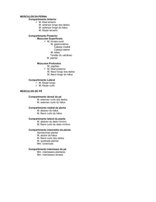 MÚSCULOS DA PERNA
Compartimento Anterior
 M. tibial anterior
M. extensor longo dos dedos
M. extensor longo do hálux
M. fibular terceiro
Compartimento Posterior
Músculos Superficiais
 M. tríceps sural
M. gastrocnêmio
Cabeça medial
Cabeça lateral
M. sóleo
Tendão do calcâneo
M. plantar
Músculos Profundos
M. poplíteo
 M. tibial posterior
M. flexor longo dos dedos
M. flexor longo do hálux
Compartimento Lateral
 M. fibular longo
 M. fibular curto
MÚSCULOS DO PÉ
Compartimento dorsal do pé
M. extensor curto dos dedos
M. extensor curto do hálux
Compartimento medial da planta
M. abdutor do hálux
M. flexor curto do hálux
Compartimento lateral da planta
M. abdutor do dedo mínimo
M. flexor curto do dedo mínimo
Compartimento intermédio da planta
Aponeurose plantar
M. adutor do hálux
M. flexor curto dos dedos
M. quadrado plantar
Mm. lumbricais
Compartimento interósseo do pé
Mm. interósseos plantares
Mm. interósseos dorsais
 