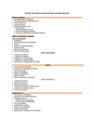 ROTEIRO DE PRÁTICO NEUROANATOMIA: SISTEMA NERVOSO
MEDULA ESPINAL
 INTUMESCÊNCIA CERVICAL
 INTUMESCÊNCIA LOMBOSSACRAL
 CONE MEDULAR
 CAUDA EQUINA
 NERVO ESPINAL (misto)
 RADÍCULAS
 RAIZ ANTERIOR (motora)
 RAIZ POSTERIOR (sensitiva)
 GÂNGLIO SENSITIVO DE NERVO ESPINAL
MEDULA OBLONGA ou BULBO
(VISTA ANTERIOR)
 PIRÂMIDE
 DECUSSAÇÃO DAS PIRÂMIDES
 OLIVA
 NERVO GLOSSOFARÍNGEO
 NERVO VAGO
 NERVO ACESSÓRIO
 NERVO HIPOGLOSSO
(VISTA POSTERIOR)
 FASCÍCULO GRÁCIL
 TUBÉRCULO GRÁCIL
 FASCÍCULO CUNEIFORME
 TUBÉRCULO CUNEIFORME
 PEDÚNCULO CEREBELAR INFERIOR
PONTE
 SULCO BULBOPONTINO
 PEDÚNCULO CEREBELAR MÉDIO
 SULCO BASILAR
 NERVO TRIGÊMEO
 NERVO ABDUCENTE
 NERVO FACIAL
 NERVO VESTIBULOCOCLEAR
QUARTO VENTRÍCULO
 EMINÊNCIA MEDIAL
 COLÍCULO FACIAL
 ÁREA VESTIBULAR
 TRÍGONO DO NERVO HIPOGLOSSO
 TRÍGONO DO NERVO VAGO
 PLEXO CORIÓIDEO
MESENCÉFALO
 PEDÚNCULO CEREBRAL
 AQUEDUTO DO MESENCÉFALO
 LÂMINA DO TETO:
 COLÍCULOS INFERIORES
 COLÍCULOS SUPERIORES
 NÚCLEO RUBRO
 SUBSTÂNCIA NEGRA
 NERVO OCULOMOTOR
 NERVO TROCLEAR
 PEDÚNCULO CEREBELAR SUPERIOR
 