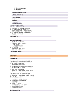  Tronco do corpo
 esplenio
COMISSURA ANTERIOR
LÂMINA TERMINAL
ÁREA SEPTAL
FÓRNICE
SEPTO PELÚCIDO
VENTRÍCULO LATERAL
 FORAME INTERVENTRICULAR
 CORNO FRONTAL (ANTERIOR)
 CORNO OCCIPITAL (POSTERIOR)
 CORNO TEMPORAL (INFERIOR)
 PLEXO CORIÓIDEO
HIPOCAMPO
NÚCLEOS DA BASE
 NÚCLEO CAUDADO
 NÚCLEO LENTIFORME:
 PUTAME
 GLOBO PÁLIDO
 CLAUSTRO
 CORPO AMIGDALOIDE
CÁPSULA INTERNA
MENINGES
DURA-MÁTER
PARTE ENCEFÁLICA DA DURA-MÁTER
 FOICE DO CÉREBRO
 FOICE DO CEREBELO
 TENTÓRIO (TENDA) DO CEREBELO
 DIAFRAGMA DA SELA
 ESPAÇO SUBDURAL
 ESPAÇO EXTRADURAL (EPIDURAL)
PARTE ESPINAL DA DURA-MÁTER
 ESPAÇO EXTRADURAL (PERIDURAL)
SEIOS DA DURA-MÁTER
 SEIO SAGITAL SUPERIOR
 SEIO SAGITAL INFERIOR
 SEIO RETO
 SEIO OCCIPITAL
 CONFLUÊNCIA DOS SEIOS
 SEIO TRANSVERSO
 SEIO SIGMÓIDEO
ARACNOIDE-MÁTER
 