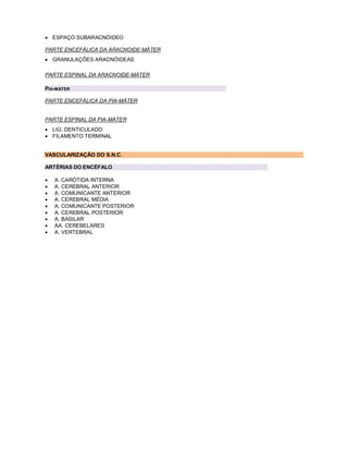 ESPAÇO SUBARACNÓIDEO
PARTE ENCEFÁLICA DA ARACNOIDE-MÁTER
 GRANULAÇÕES ARACNÓIDEAS
PARTE ESPINAL DA ARACNOIDE-MÁTER
PIA-MÁTER
PARTE ENCEFÁLICA DA PIA-MÁTER
PARTE ESPINAL DA PIA-MÁTER
 LIG. DENTICULADO
 FILAMENTO TERMINAL
VASCULARIZAÇÃO DO S.N.C.
ARTÉRIAS DO ENCÉFALO
 A. CARÓTIDA INTERNA
 A. CEREBRAL ANTERIOR
 A. COMUNICANTE ANTERIOR
 A. CEREBRAL MÉDIA
 A. COMUNICANTE POSTERIOR
 A. CEREBRAL POSTERIOR
 A. BASILAR
 AA. CEREBELARES
 A. VERTEBRAL
 
