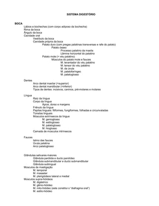 SISTEMA DIGESTÓRIO
BOCA
Lábios e bochechas (com corpo adiposo da bochecha)
Rima da boca
Ângulo da boca
Cavidade oral
Vestíbulo da boca
Cavidade própria da boca
Palato duro (com pregas palatinas transversas e rafe do palato)
Palato ósseo
Processo palatino da maxila
Lâmina horizontal do palatino
Palato mole (= véu palatino)
Músculos do palato mole e fauces
M. levantador do véu palatino
M. tensor do véu palatino
M. da úvula
M. palatofaríngeo
M. palatoglosso
Dentes
Arco dental maxilar (=superior)
Arco dental mandibular (=inferior)
Tipos de dentes: incisivos, caninos, pré-molares e molares
Língua
Raiz da língua
Corpo da língua
Ápice, dorso e margens
Frênulo da língua
Papilas linguais: filiformes, fungiformes, folhadas e circunvaladas
Tonsilas linguais
Músculos extrínsecos da língua
M. genioglosso
M. estiloglosso
M. palatoglosso
M. hioglosso
Camada de músculos intrínsecos
Fauces
Istmo das fauces
Úvula palatina
Arco palatoglosso
Glândulas salivares maiores
Glândula parótida e ducto parotídeo
Glândula submandibular e ducto submandibular
Glândula sublingual
Músculos da mastigação
M. temporal
M. masseter
M. pterigóideos lateral e medial
Músculos supra-hióideos
M. digástrico
M. gênio-hióideo
M. milo-hióideo (este constitui o “diafragma oral”)
M. estilo-hióideo
 