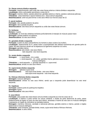 Vv. ilíacas comuns direita e esquerda
Formação: respectivamente, pela união das veias ilíacas externa e interna direitas e esquerdas.
Localização: entre a articulação sacroilíaca e corpo de L5.
Drenagem: membro inferior, parede abdominal, genitália externa e interna, parede e estruturas pélvicas.
Tributárias: veias iliolombar e sacral mediana (na v. ilíaca comum esquerda).
Desembocadura: unem-se para formar a veia cava inferior ao nível do corpo de L5.
V. sacral mediana
Formação: reto, parede posterior da pelve.
Drenagem: reto e parede da pelve.
Desembocadura: veia ilíaca comum esquerda ou união das veias ilíacas comuns.
Vv. lombares
Número: 4 pares.
Localização: ao nível das vértebras lombares profundamente à inserção do músculo psoas maior.
Drenagem: parede posterior do abdome.
Desembocadura: na veia cava inferior.
Vv. gonadais direita e esquerda
Formação: a partir do plexo pampiniforme (no homem) e plexo ovárico (na mulher).
Localização: anteriormente ao m. psoas maior e acompanhado das artérias homônimas em grande parte do
trajeto. No sexo feminino situam-se na espessura do ligamento suspensor do ovário.
Drenagem: genitália interna.
Desembocadura: lado direito: veia cava inferior.
lado esquerdo: veia renal esquerda.
Vv. renais direita e esquerda
Drenagem: v. renal direita - rim e ureter.
v. renal esquerda - rim, ureter, genitália interna, glândula supra-renal e
músculo diafragma.
Tributárias: v. renal esquerda - v. gonadal esquerda e v. supra-renal.
Desembocadura: ambas na veia cava inferior.
Vv. supra-renais direita e esquerda
Drenagem: glândula supra-renal.
Desembocadura: veia supra-renal direita - veia cava inferior.
veia supra-renal esquerda - veia renal esquerda.
Vv. frênicas inferiores direita e esquerda
Drenagem: músculo diafragma.
Desembocadura: ambas na veia cava inferior, sendo que a esquerda pode desembocar na veia renal
esquerda.
Vv. hepáticas
Formação: sistema porta do parênquima hepático.
Drenagem: fígado.
Desembocadura: veia cava inferior.
V. cava inferior
Formação: pela junção das veias ilíacas comuns direita e esquerda ao nível do corpo de L5.
Localização: é anterior à parte lombar da coluna vertebral, a direita da parte abdominal da aorta, passa
posteriormente ao fígado no sulco da veia cava inferior, atravessa o forame da veia cava no músculo diafragma
e apresenta um trajeto de milímetros na cavidade torácica.
Drenagem: membros inferiores, cavidade e estruturas pélvicas, genitália externa e interna, parede e órgãos
abdominais e músculo diafragma.
Tributárias: veias lombares, gonadal direita, renais, supra-renal direita e frênicas inferiores.
Desembocadura: no átrio direito.
 