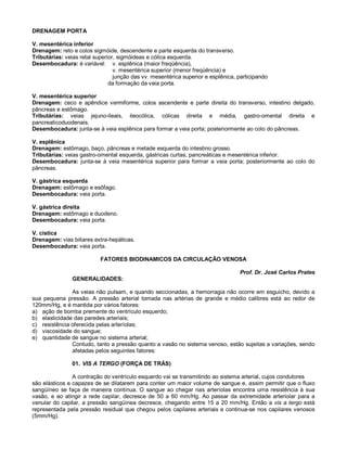 DRENAGEM PORTA
V. mesentérica inferior
Drenagem: reto e colos sigmóide, descendente e parte esquerda do transverso.
Tributárias: veias retal superior, sigmóideas e cólica esquerda.
Desembocadura: é variável: v. esplênica (maior freqüência),
v. mesentérica superior (menor freqüência) e
junção das vv. mesentérica superior e esplênica, participando
da formação da veia porta.
V. mesentérica superior
Drenagem: ceco e apêndice vermiforme, colos ascendente e parte direita do transverso, intestino delgado,
pâncreas e estômago.
Tributárias: veias jejuno-ileais, ileocólica, cólicas direita e média, gastro-omental direita e
pancreaticoduodenais.
Desembocadura: junta-se à veia esplênica para formar a veia porta; posteriormente ao colo do pâncreas.
V. esplênica
Drenagem: estômago, baço, pâncreas e metade esquerda do intestino grosso.
Tributárias: veias gastro-omental esquerda, gástricas curtas, pancreáticas e mesentérica inferior.
Desembocadura: junta-se à veia mesentérica superior para formar a veia porta; posteriormente ao colo do
pâncreas.
V. gástrica esquerda
Drenagem: estômago e esôfago.
Desembocadura: veia porta.
V. gástrica direita
Drenagem: estômago e duodeno.
Desembocadura: veia porta.
V. cística
Drenagem: vias biliares extra-hepáticas.
Desembocadura: veia porta.
FATORES BIODINAMICOS DA CIRCULAÇÃO VENOSA
Prof. Dr. José Carlos Prates
GENERALIDADES:
As veias não pulsam, e quando seccionadas, a hemorragia não ocorre em esguicho, devido a
sua pequena pressão. A pressão arterial tomada nas artérias de grande e médio calibres está ao redor de
120mm/Hg, e é mantida por vários fatores:
a) ação de bomba premente do ventrículo esquerdo;
b) elasticidade das paredes arteriais;
c) resistência oferecida pelas arteríolas;
d) viscosidade do sangue;
e) quantidade de sangue no sistema arterial;
Contudo, tanto a pressão quanto a vasão no sistema venoso, estão sujeitas a variações, sendo
afetadas pelos seguintes fatores:
01. VIS A TERGO (FORÇA DE TRÁS)
A contração do ventrículo esquerdo vai se transmitindo ao sistema arterial, cujos condutores
são elásticos e capazes de se dilatarem para conter um maior volume de sangue e, assim permitir que o fluxo
sangüíneo se faça de maneira contínua. O sangue ao chegar nas arteríolas encontra uma resistência à sua
vasão, e ao atingir a rede capilar, decresce de 50 a 60 mm/Hg. Ao passar da extremidade arteriolar para a
venular do capilar, a pressão sangüínea decresce, chegando entre 15 a 20 mm/Hg. Então a vis a tergo está
representada pela pressão residual que chegou pelos capilares arteriais e continua-se nos capilares venosos
(5mm/Hg).
 