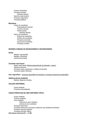 Forame infraorbital
Processo alveolar
Alvéolos dentais
Espinha nasal anterior
Processo zigomático
Processo palatino
Mandíbula
Corpo da mandíbula
Protuberância mentual
Forame mentual
Parte alveolar
Alvéolos dentais
Ramo da mandíbula
Ângulo da mandíbula
Forame da mandíbula
Processo coronoide
Incisura da mandíbula
Processo condilar
REGIÕES COMUNS AO NEUROCRÂNIO E VISCEROCRÂNIO
Órbita
Margem supraorbital
Margem infraorbital
Canal lacrimonasal
Cavidade nasal óssea
Septo nasal ósseo (lâmina perpendicular do etmoide + vômer)
Abertura piriforme
Conchas nasais superiores e médias do etmoide
Conchas nasais inferiores
Arco zigomático = processo zigomático do temporal + processo temporal do zigomático
OSSÍCULOS DA AUDIÇÃO
Martelo, Bigorna e Estribo.
COLUNA VERTEBRAL
Canal vertebral
Forames intervertebrais
CARACTERÍSTICAS DE UMA VÉRTEBRA TÍPICA
Corpo vertebral
Forame vertebral
Arco vertebral
Pedículo do arco vertebral
Lâmina do arco vertebral
Processo espinhoso
Processo transverso (processo costiforme nas vértebras lombares)
Processo articular superior
Processo articular inferior
VÉRTEBRAS CERVICAIS (C I – C VII)
 