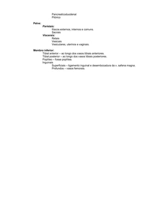Pancreaticoduodenal
Pilórico
Pelve:
Parietais:
Ilíacos externos, internos e comuns.
Sacrais
Viscerais:
Retais
Vesicais
Vesiculares, uterinos e vaginais.
Membro inferior:
Tibial anterior – ao longo dos vasos tibiais anteriores.
Tibial posterior – ao longo dos vasos tibiais posteriores.
Poplíteo – fossa poplítea.
Inguinais
Superficiais – ligamento inguinal e desembocadura da v. safena magna.
Profundos – vasos femorais.
 