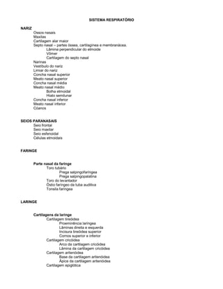 SISTEMA RESPIRATÓRIO
NARIZ
Ossos nasais
Maxilas
Cartilagem alar maior
Septo nasal – partes óssea, cartilagínea e membranácea.
Lâmina perpendicular do etmoide
Vômer
Cartilagem do septo nasal
Narinas
Vestíbulo do nariz
Limiar do nariz
Concha nasal superior
Meato nasal superior
Concha nasal média
Meato nasal médio
Bolha etmoidal
Hiato semilunar
Concha nasal inferior
Meato nasal inferior
Cóanos
SEIOS PARANASAIS
Seio frontal
Seio maxilar
Seio esfenoidal
Células etmoidais
FARINGE
Parte nasal da faringe
Toro tubário
Prega salpingofaríngea
Prega salpingopalatina
Toro do levantador
Óstio faríngeo da tuba auditiva
Tonsila faríngea
LARINGE
Cartilagens da laringe
Cartilagem tireóidea
Proeminência laríngea
Lâminas direita e esquerda
Incisura tireóidea superior
Cornos superior e inferior
Cartilagem cricóidea
Arco da cartilagem cricóidea
Lâmina da cartilagem cricóidea
Cartilagem aritenóidea
Base da cartilagem aritenóidea
Ápice da cartilagem aritenóidea
Cartilagem epiglótica
 