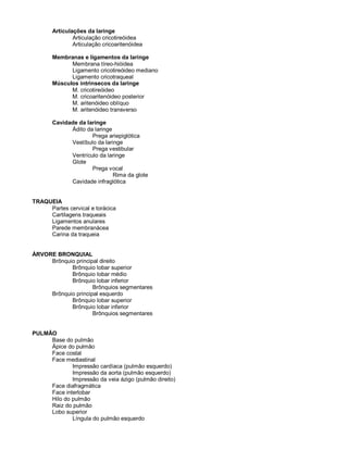 Articulações da laringe
Articulação cricotireóidea
Articulação cricoaritenóidea
Membranas e ligamentos da laringe
Membrana tíreo-hióidea
Ligamento cricotireóideo mediano
Ligamento cricotraqueal
Músculos intrínsecos da laringe
M. cricotireóideo
M. cricoaritenóideo posterior
M. aritenóideo oblíquo
M. aritenóideo transverso
Cavidade da laringe
Ádito da laringe
Prega ariepiglótica
Vestíbulo da laringe
Prega vestibular
Ventrículo da laringe
Glote
Prega vocal
Rima da glote
Cavidade infraglótica
TRAQUEIA
Partes cervical e torácica
Cartilagens traqueais
Ligamentos anulares
Parede membranácea
Carina da traqueia
ÁRVORE BRONQUIAL
Brônquio principal direito
Brônquio lobar superior
Brônquio lobar médio
Brônquio lobar inferior
Brônquios segmentares
Brônquio principal esquerdo
Brônquio lobar superior
Brônquio lobar inferior
Brônquios segmentares
PULMÃO
Base do pulmão
Ápice do pulmão
Face costal
Face mediastinal
Impressão cardíaca (pulmão esquerdo)
Impressão da aorta (pulmão esquerdo)
Impressão da veia ázigo (pulmão direito)
Face diafragmática
Face interlobar
Hilo do pulmão
Raiz do pulmão
Lobo superior
Língula do pulmão esquerdo
 