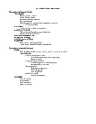 SISTEMA GENITAL MASCULINO
ÓRGÃOS GENITAIS INTERNOS
TESTÍCULOS
Polos superior e inferior
Faces lateral e medial
Margens anterior e posterior
Túnica albugínea
Túnica vaginal do testículo: lâminas parietal e visceral
Seio do epidídimo
EPIDÍDIMO
Cabeça, corpo e cauda do epidídimo
DUCTO DEFERENTE
Partes escrotal, funicular, inguinal e pélvica
Ampola do ducto deferente
FUNÍCULO ESPERMÁTICO
GLÂNDULA SEMINAL
DUCTO EJACULATÓRIO
PRÓSTATA
Base, ápice e istmo da próstata
Lobos direito, esquerdo e médio da próstata
ÓRGÃOS GENITAIS EXTERNOS
PÊNIS
Raiz do pênis: bulbo do pênis e ramos direito e esquerdo do pênis
Corpo do pênis
Corpos cavernosos do pênis
Túnica albugínea dos corpos cavernosos
Septo do pênis
Corpo esponjoso do pênis
Túnica albugínea do corpo esponjoso
Parte esponjosa da uretra
Glande do pênis
Óstio externo da uretra
Coroa da glande
Colo da glande
Prepúcio do pênis
Frênulo do prepúcio
ESCROTO
Pele do escroto
Túnica dartos
Rafe do escroto
Septo do escroto
 