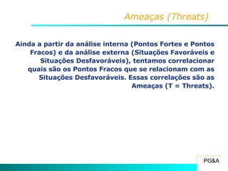 Ameaças (Threats) Ainda a partir da análise interna (Pontos Fortes e Pontos Fracos) e da análise externa (Situações Favoráveis e Situações Desfavoráveis), tentamos correlacionar quais são os Pontos Fracos que se relacionam com as Situações Desfavoráveis. Essas correlações são as Ameaças (T = Threats). 