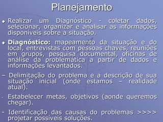 Planejamento
 Realizar um Diagnóstico - coletar dados,
selecionar, organizar e analisar as informações
disponíveis sobre a situação.
 Diagnóstico: mapeamento da situação e do
local, entrevistas com pessoas chaves, reuniões
em grupos, pesquisa documental, oficinas de
análise da problemática a partir de dados e
informações levantados.
– Delimitação do problema e a descrição de sua
situação inicial (onde estamos – realidade
atual).
- Estabelecer metas, objetivos (aonde queremos
chegar).
- Identificação das causas do problemas >>>>
projetar possíveis soluções.
 