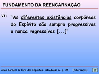 VI:
“As diferentes existências corpóreas
do Espírito são sempre progressivas
e nunca regressivas [...]”
Allan Kardec: O livro dos Espíritos, introdução 6, p. 25. [Diferenças]
FUNDAMENTO DA REENCARNAÇÃOFUNDAMENTO DA REENCARNAÇÃO
 