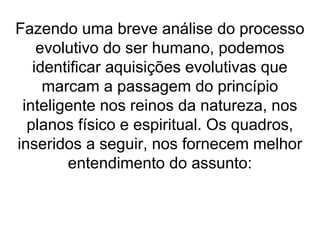 Fazendo uma breve análise do processo
evolutivo do ser humano, podemos
identificar aquisições evolutivas que
marcam a passagem do princípio
inteligente nos reinos da natureza, nos
planos físico e espiritual. Os quadros,
inseridos a seguir, nos fornecem melhor
entendimento do assunto:
 