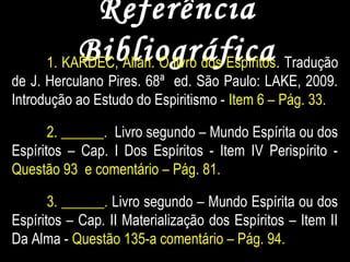 ReferênciaReferência
BibliográficaBibliográfica1. KARDEC, Allan. O livro dos Espíritos. Tradução
de J. Herculano Pires. 68ª ed. São Paulo: LAKE, 2009.
Introdução ao Estudo do Espiritismo - Item 6 – Pág. 33.
2. ______. Livro segundo – Mundo Espírita ou dos
Espíritos – Cap. I Dos Espíritos - Item IV Perispírito -
Questão 93 e comentário – Pág. 81.
3. ______. Livro segundo – Mundo Espírita ou dos
Espíritos – Cap. II Materialização dos Espíritos – Item II
Da Alma - Questão 135-a comentário – Pág. 94.
 