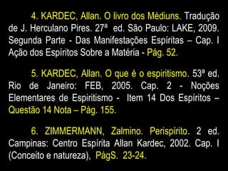 4. KARDEC, Allan. O livro dos Médiuns. Tradução
de J. Herculano Pires. 27ª ed. São Paulo: LAKE, 2009.
Segunda Parte - Das Manifestações Espíritas – Cap. I
Ação dos Espíritos Sobre a Matéria - Pág. 52.
5. KARDEC, Allan. O que é o espiritismo. 53ª ed.
Rio de Janeiro: FEB, 2005. Cap. 2 - Noções
Elementares de Espiritismo - Item 14 Dos Espíritos –
Questão 14 Nota – Pág. 155.
6. ZIMMERMANN, Zalmino. Perispírito. 2 ed.
Campinas: Centro Espírita Allan Kardec, 2002. Cap. I
(Conceito e natureza), PágS. 23-24.
 