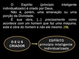 O Espírito (princípio inteligente
individualizado) é criado por Deus.
Não é, porém, uma emanação ou uma
porção da Divindade.
É sua obra, [...] precisamente como
acontece com um homem que faz uma máquina,
esta é obra do homem e não ele mesmo. (10).
ESPÍRITOESPÍRITO
princípio inteligenteprincípio inteligente
individualizadoindividualizado
D E U SD E U S
CRIADORCRIADOR
 