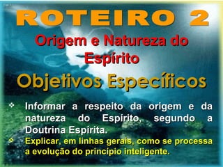 Origem e Natureza doOrigem e Natureza do
EspíritoEspírito
Objetivos EspecíficosObjetivos Específicos
 Informar a respeito da origem e daInformar a respeito da origem e da
natureza do Espírito, segundo anatureza do Espírito, segundo a
Doutrina Espírita.Doutrina Espírita.
 Explicar, em linhas gerais, como se processaExplicar, em linhas gerais, como se processa
a evolução do princípio inteligente.a evolução do princípio inteligente.
 