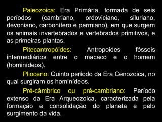Paleozoica: Era Primária, formada de seis
períodos (cambriano, ordoviciano, siluriano,
devoniano, carbonífero e permiano), em que surgem
os animais invertebrados e vertebrados primitivos, e
as primeiras plantas.
Pitecantropóides: Antropoides fósseis
intermediários entre o macaco e o homem
(hominídeos).
Plioceno: Quinto período da Era Cenozoica, no
qual surgiram os hominídeos.
Pré-câmbrico ou pré-cambriano: Período
extenso da Era Arqueozoica, caracterizada pela
formação e consolidação do planeta e pelo
surgimento da vida.
 
