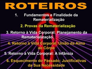 1. Fundamentos e Finalidade da
Rematerialização
2. Provas da Rematerialização2. Provas da Rematerialização
3. Retorno à Vida Corporal: Planejamento da
Rematerialização
4. Retorno à Vida Corporal: União da Alma4. Retorno à Vida Corporal: União da Alma
ao Corpoao Corpo
5. Retorno à Vida Corporal: A Infância
6. Esquecimento do Passado: Justificativas6. Esquecimento do Passado: Justificativas
da Sua Necessidadeda Sua Necessidade
 
