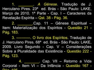 1. _______. A Gênese. Tradução de J.
Herculano Pires. 23ª ed. Brás - São Paulo: LAKE,
Março de 2010. 1ª Parte - Cap. I – Caracteres da
Revelação Espírita – Qst. 38 - Pág. 36.
2. _______.Cap. 11 – Gênese Espiritual –
Item: Materialização dos Espíritos - Questão 21 -
Pág. 183.
3. -----------. O livro dos Espíritos. Tradução de
J. Herculano Pires. 68ª ed. Brás - São Paulo: LAKE,
2009. Livro Segundo - Cap. V – Considerações
Sobre a Pluralidade das Existência - Questão 222 -
Pág. 123.
4. _______. Cap. VII – Retorno a Vida
Corporal - Item VI – Da Infância - Questão 167 -
 