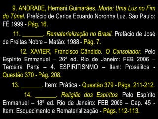 9. ANDRADE, Hernani Guimarães. Morte: Uma Luz no Fim
do Túnel. Prefácio de Carlos Eduardo Noronha Luz. São Paulo:
FÉ 1999 - Pág. 16.
11. _______. Rematerialização no Brasil. Prefácio de José
de Freitas Nobre – Matão: 1988 - Pág. 7.
12. XAVIER, Francisco Cândido. O Consolador. Pelo
Espírito Emmanuel – 26ª ed. Rio de Janeiro: FEB 2006 –
Terceira Parte – 4. ESPIRITISNMO – Item: Prosélitos -
Questão 370 - Pág. 208.
13. _______. Item: Prática - Questão 379 - Págs. 211-212.
14. _______. Religião dos Espíritos. Pelo Espírito
Emmanuel – 18ª ed. Rio de Janeiro: FEB 2006 – Cap. 45 -
Item: Esquecimento e Rematerialização - Págs. 112-113.
 