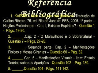 ReferênciaReferência
BibliográficaBibliográfica1. KARDEC, Allan. O Livro dos Médiuns. Tradução de
Guillon Ribeiro. 76. ed. Rio de Janeiro: FEB, 2005. 1ª parte –
Noções Preliminares - Cap. I, Existem Espíritos? - Questão 1
- Págs. 19-20.
2. ______.Cap. 2 - O Maravilhoso e o Sobrenatural -
Questão 7 – Págs. 27-28.
3. ______. Segunda parte. Cap. 2 – Manifestações
Físicas e Mesas Girantes – Questão 60 – Pág. 82.
4. ______.Cap. 6 – Manifestações Visuais - Item: Ensaio
Teórico sobre as Aparições - Questão 102 – Pág. 139.
5. ______.Questão 104 - Págs. 141-142.
 