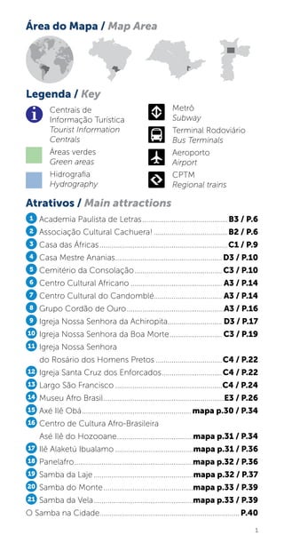 1
Área do Mapa / Map Area
Atrativos / Main attractions
Legenda / Key
Centrais de
Informação Turística
Tourist Information
Centrals
Áreas verdes
Green areas
Hidrografia
Hydrography
Metrô
Subway
Terminal Rodoviário
Bus Terminals
Aeroporto
Airport
CPTM
Regional trains
1 Academia Paulista de Letras.............................................B3 / P.6
2 Associação Cultural Cachuera!.......................................B2 / P.6
3 Casa das Áfricas...................................................................C1 / P.9
4 Casa Mestre Ananias........................................................D3 / P.10
5 Cemitério da Consolação.............................................. C3 / P.10
6 Centro Cultural Africano................................................ A3 / P.14
7 Centro Cultural do Candomblé.................................... A3 / P.14
8 Grupo Cordão de Ouro...................................................A3 / P.16
9 Igreja Nossa Senhora da Achiropita............................. D3 / P.17
10 Igreja Nossa Senhora da Boa Morte............................ C3 / P.19
11 Igreja Nossa Senhora
do Rosário dos Homens Pretos...................................C4 / P.22
12 Igreja Santa Cruz dos Enforcados................................C4 / P.22
13 Largo São Francisco........................................................C4 / P.24
14 Museu Afro Brasil...............................................................E3 / P.26
15 Axé Ilê Obá......................................................... mapa p.30 / P.34
16 Centro de Cultura Afro-Brasileira
Asé Ilê do Hozooane........................................mapa p.31 / P.34
17 Ilê Alaketú Ibualamo.........................................mapa p.31 / P.36
18 Panelafro..............................................................mapa p.32 / P.36
19 Samba da Laje....................................................mapa p.32 / P.37
20 Samba do Monte...............................................mapa p.33 / P.39
21 Samba da Vela....................................................mapa p.33 / P.39
O Samba na Cidade.........................................................................P.40
 