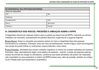 DO RESPONSÁVEL PELA PROTEÇÃO/SEGURANÇA
Nome do responsável:
CPF: RG:
Endereço:
Complemento: CEP:
Bairro: Município:
Telefone: Celular:
IV. DIAGNÓSTICO DOS RISCOS, PRESSÕES E AMEAÇAS SOBRE A RPPN
O diagnóstico deverá ser realizado sobre croqui ou planta (se disponível) da RPPN, indicando os vizinhos
imediatos (ver exemplo), acompanhado de planilha descritiva, sugerindo-se a seguinte legenda:
R para Riscos: Áreas ou situações que possam colocar em risco a integridade física das pessoas
(funcionários ou visitantes). Exemplos: área com risco de deslizamento, tromba d’água, locais escorregadios
com perigo de queda (trilhas ou cachoeiras), poços profundos, entre outros.
P para Pressões: Atividades que causam impactos negativos no interior da unidade realizados por terceiros.
Exemplos: caça, desmatamento ilegal, corte seletivo de espécies – palmito, invasão de espécies exóticas,
acesso de animais de criação ou domésticos. Lembre-se que essas atividades não podem ser realizadas
pelo proprietário ou seus prepostos no interior da RPPN (nesse caso, além de pressão, também se configu-
ra em infração pela qual responderá o proprietário).
11
ROTEIRO PARA ELABORAÇÃO DE PLANO DE PROTEÇÃO DE RPPN
 