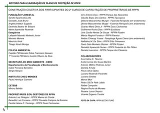 FUNDAÇÃO FLORESTAL
Sandra Aparecida Leite
Oswaldo José Bruno
Angélica Midori Sugieda
Deolinda Beatriz M. Bolzani
Maria Aparecida Rezende
Estagiários
Lafayete Macedo Modesto Junior
Marcelo Morena
Maurício Arioli
Thiago Kioshi Moriga
POLICIA AMBIENTAL
Capitão PM Marcelo Robis Francisco Nassaro
1º Tenente PM Marco Aurélio Ribeiro da Silva
SECRETARIA DO MEIO AMBIENTE - CBRN
Departamentro de Fiscalização e Monitoramento
Isabel Fonseca Barcellos
Sérgio Marçon
INSTITUTO CHICO MENDES
Paulo Henrique Carneiro
CETESB
Minoru Beltrão
PROPRIETÁRIOS E/OU GESTORES DE RPPN
Antonio Luiz Pelegrini - RPPN Marina do Conde
Benedito Luiz Fonseca - RPPN Pousada Campos da Bocaína
Cecilia Helena F. Camargo - RPPN Duas Cachoeiras
Ciro Antonio Dias - RPPN Parque das Nascentes
Cláudia Bispo Dos Santos - RPPN Tijucopava
Débora Mascarenhas Murgel - Fazenda Renópolis (em andamento)
Denise Mascarenhas Murgel - Fazenda Renópolis (em andamento)
Guaraci Maria Dinis Jr - RPPN Duas Cachoeiras
Guilherme Rocha Dias - RPPN Ecofuturo
Livia Cecilia Neves De Souza - RPPN Rizzieri
Márcia Regina Fonseca - RPPN Paraíso
Nadiav Chiarugi Yuasa - Paraytinga Águas Claras (em andamento)
Nafitalino M. Da Silva - RPPN Sítio Primavera
Paulo Felix Monteiro Rizzieri - RPPN Rizzieri
Reinaldo Aparecido Nunes - RPPN Fazenda do Rio Pilões
Renata Invenzioni - RPPN Parque dos Pássaros
COLABORADORES
Ana Celina S. Tiburcio
Anita Correia De Souza Martins
Antonio Militino Pedroso Junior
Daniela Arruda
Flavio Silva Ojidos
Luciana Rezende Pavanitto
Luciana Simões
Marcel Mori
Pedro Sá De Petit Lobão
Rafael Campolim
Regina Rocha de Moraes
Rosana Lucas Serpico
Vicente Eugenio Tundisi
FOTO DA CAPA: RPPN ECOFUTURO
CONSTRUÇÃO COLETIVA DOS PARTICIPANTES DO 2º CURSO DE CAPACITAÇÃO DE PROPRIETÁRIOS DE RPPN
4
ROTEIRO PARA ELABORAÇÃO DE PLANO DE PROTEÇÃO DE RPPN
 