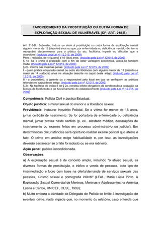 FAVORECIMENTO DA PROSTITUIÇÃO OU OUTRA FORMA DE
         EXPLORAÇÃO SEXUAL DE VULNERÁVEL (CP, ART. 218-B)


Art. 218-B. Submeter, induzir ou atrair à prostituição ou outra forma de exploração sexual
alguém menor de 18 (dezoito) anos ou que, por enfermidade ou deficiência mental, não tem o
necessário discernimento para a prática do ato, facilitá-la, impedir ou dificultar que a
abandone: (Incluído pela Lei nº 12.015, de 2009)
Pena - reclusão, de 4 (quatro) a 10 (dez) anos. (Incluído pela Lei nº 12.015, de 2009)
§ 1o Se o crime é praticado com o fim de obter vantagem econômica, aplica-se também
multa. (Incluído pela Lei nº 12.015, de 2009)
§ 2o Incorre nas mesmas penas: (Incluído pela Lei nº 12.015, de 2009)
I - quem pratica conjunção carnal ou outro ato libidinoso com alguém menor de 18 (dezoito) e
maior de 14 (catorze) anos na situação descrita no caput deste artigo; (Incluído pela Lei nº
12.015, de 2009)
II - o proprietário, o gerente ou o responsável pelo local em que se verifiquem as práticas
referidas no caput deste artigo. (Incluído pela Lei nº 12.015, de 2009)
§ 3o Na hipótese do inciso II do § 2o, constitui efeito obrigatório da condenação a cassação da
licença de localização e de funcionamento do estabelecimento.(Incluído pela Lei nº 12.015, de
2009)

Competência: Polícia Civil e Justiça Estadual.
Objeto jurídico: a moral sexual do menor e a liberdade sexual.
Providência: instaurar Inquérito Policial. Se a vítima for menor de 18 anos,
juntar certidão de nascimento. Se for portadora de enfermidade ou deficiência
mental, juntar provas neste sentido (p. ex., atestado médico, declarações de
internamento ou exames feitos em processo administrativo ou judicial). Em
determinadas circunstâncias será oportuno realizar exame pericial que ateste o
fato. O crime em análise exige habitualidade e, por isso, as investigações
deverão esclarecer se o fato foi isolado ou se era rotineiro.
Ação penal: pública incondicionada.
Observações:
a) A exploração sexual é de conceito amplo, incluindo "o abuso sexual, as
diversas formas de prostituição, o tráfico e venda de pessoas, todo tipo de
intermediação e lucro com base na oferta/demanda de serviços sexuais das
pessoas, turismo sexual e pornografia infantil" (LEAL, Maria Lúcia Pinto. A
Exploração Sexual Comercial de Meninos, Meninas e Adolescentes na América
Latina e Caribe, UNICEF, CESE, 1999);
b) Muito embora a atividade do Delegado de Polícia se limite à investigação de
eventual crime, nada impede que, no momento do relatório, caso entenda que
 